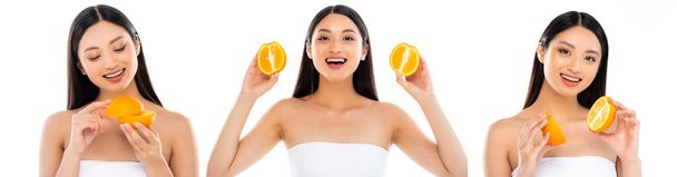 koláž emocionální asijské ženy při pohledu na kameru při držení poloviny šťavnaté pomeranče izolované na bílém, panoramatický záběr - Fotografie, Obrázek