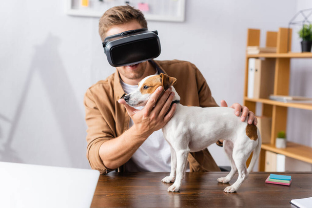 young businessman in vr headset touching jack russell terrier dog standing on office desk - Photo, Image