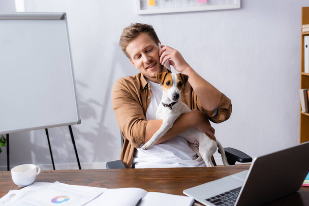 young businessman talking on smartphone while sitting at workplace with jack russell terrier dog - Foto, afbeelding