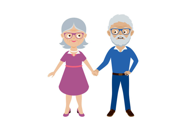 Roztomilý pár starších lidí držících za ruce ikonu vektor. Šťastný a usmívající se kavkazský starší pár vektor. Šťastný stařec a žena vektor. Starší pár kreslený postava - Vektor, obrázek