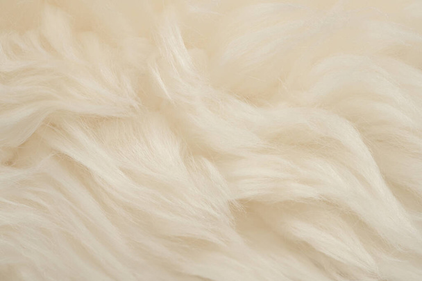Lana real blanca con fondo beige de textura superior. crema ligera lana de oveja natural. algodón de felpa sin costuras, textura de piel esponjosa para diseñadores - Foto, imagen