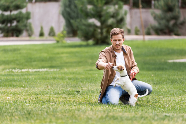Selective focus of young man playing with jack russell terrier on lawn  - Foto, imagen