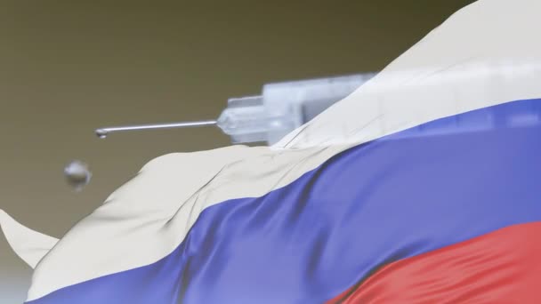 COVID Concepto de vacuna con bandera nacional de Rusia ondeando - Imágenes, Vídeo