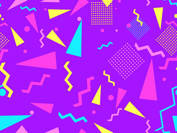 Геометрический бесшовный узор в стиле 80-х годов. Зигзаги и треугольники, точки в стиле поп-арта. Предпосылки для рекламной продукции, упаковочной бумаги и печати. Векторная иллюстрация - Вектор,изображение