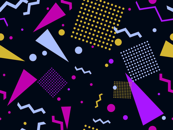 Geometrisches nahtloses Muster im Stil der 80er Jahre. Zickzack und Dreiecke, Punkte im Pop-Art-Stil. Hintergrund für Werbeartikel, Packpapier und Druck. Vektorillustration - Vektor, Bild