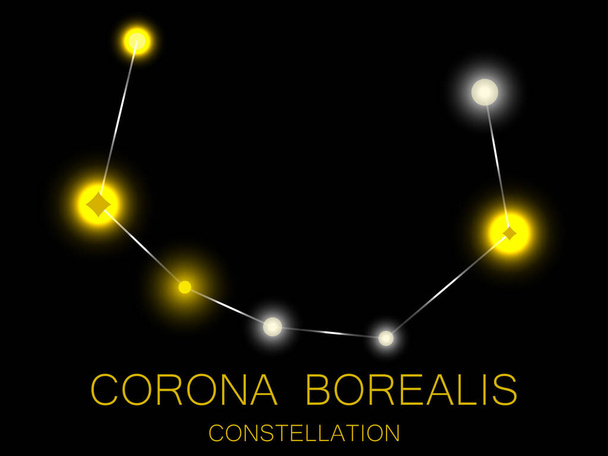 Constelación Corona Borealis. Estrellas amarillas brillantes en el cielo nocturno. Un cúmulo de estrellas en el espacio profundo, el universo. Ilustración vectorial - Vector, Imagen