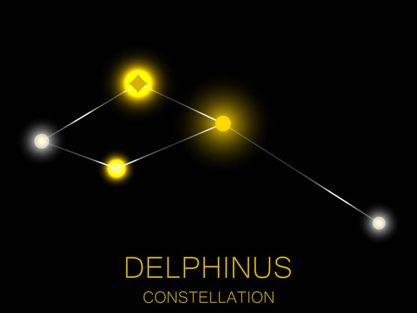 Delfinuksen tähtikuvio. Kirkkaan keltaisia tähtiä yötaivaalla. Tähtien rykelmä avaruudessa, universumissa. Vektoriesimerkki - Vektori, kuva