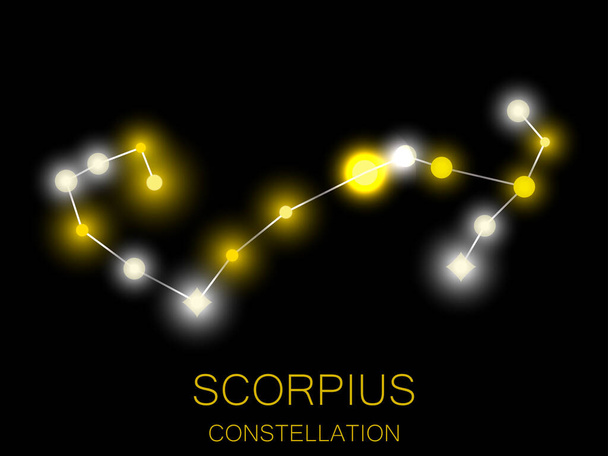 Constelación de Escorpio. Estrellas amarillas brillantes en el cielo nocturno. Un cúmulo de estrellas en el espacio profundo, el universo. Ilustración vectorial - Vector, Imagen