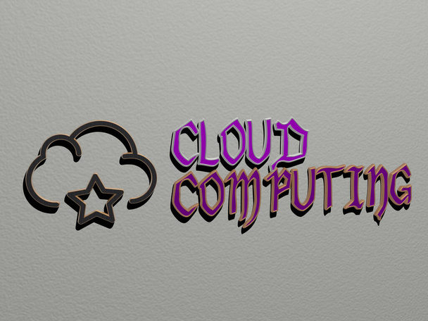 cloud computing icon and text on the wall, 3D illustration for background and blue - Photo, Image