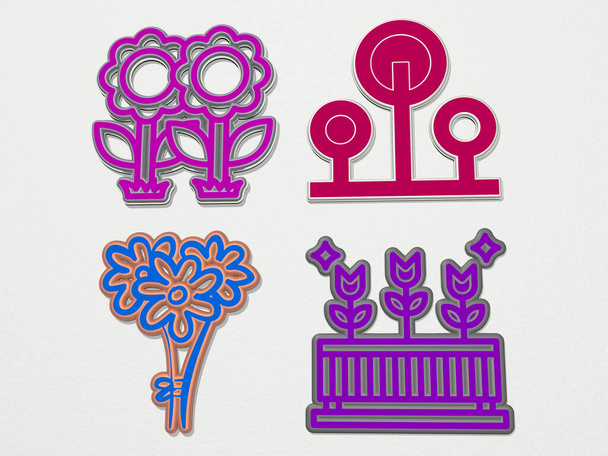 conjunto de 4 iconos de flores, ilustración 3D para fondo y hermoso - Foto, imagen
