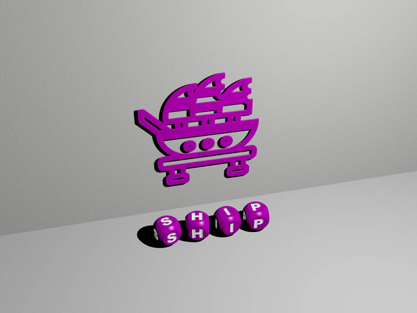 корабль 3D иконка на стене и текст кубических алфавитов на полу, 3D иллюстрация для лодки и круиза - Фото, изображение