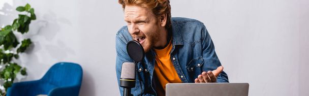 horizontal concept of irritated redhead announcer gesturing while shouting in microphone near laptop - Photo, image