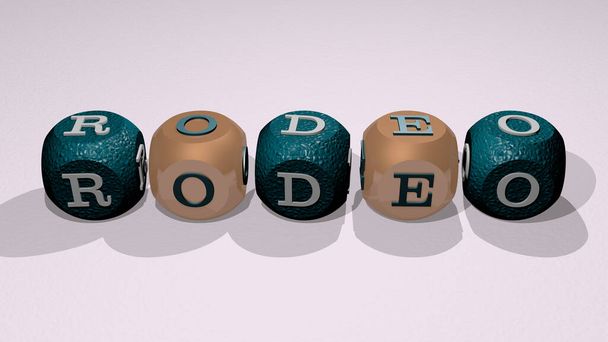 кроссворды RODEO, расставленные кубическими буквами на зеркальном полу, концептуальное значение и презентация для ковбоя и иллюстрации - Фото, изображение