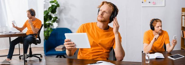 Collage von nachdenklichen Studenten in drahtlosen Kopfhörern mit digitalem Tablet, während sie zu Hause am Schreibtisch sitzen, horizontales Bild - Foto, Bild