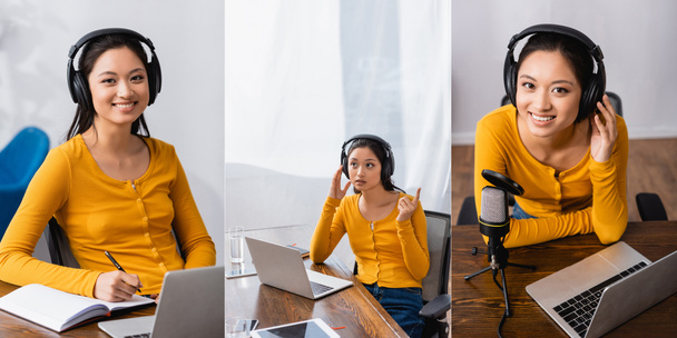 kollázs ázsiai műsorszolgáltató vezeték nélküli fejhallgató írás notebook, bemutató ötlet gesztus és nézi a kamera, panoráma termés - Fotó, kép