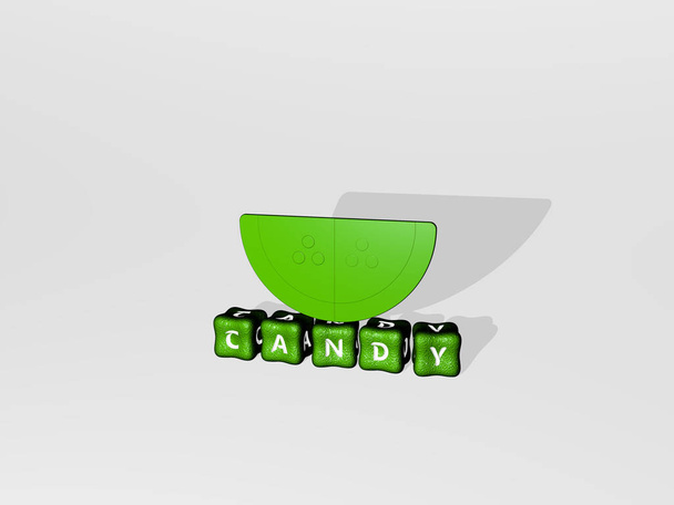 Иконка CANDY 3D на кубическом тексте, 3D иллюстрация для фона и шоколада - Фото, изображение