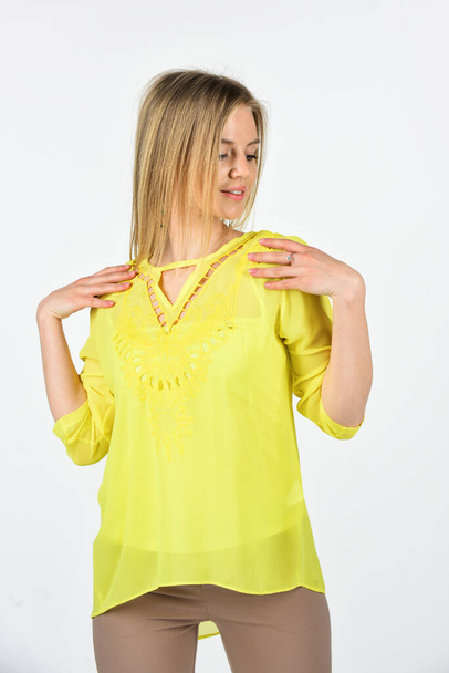 Girl yellow shirt blouse fancy summer clothes, favorite outfit concept - Фото, зображення