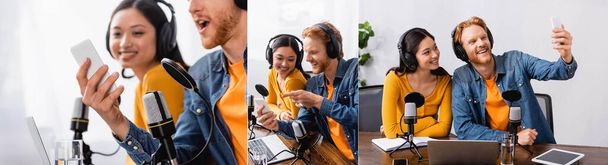 műsorszolgáltató kollázsa okostelefont használva és szelfit készítve ázsiai kollégák közelében vezeték nélküli fülhallgatóban, weboldal fejléc - Fotó, kép