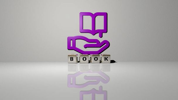 boek tekst van kubieke dobbelstenen letters op de vloer en 3D icoon op de muur, 3D illustratie voor achtergrond en ontwerp - Foto, afbeelding