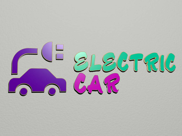 Image graphique 3D de la voiture électrique verticalement avec texte construit par des lettres cubiques métalliques du point de vue du haut, excellent pour la présentation du concept et des diaporamas pour l'illustration et - Photo, image