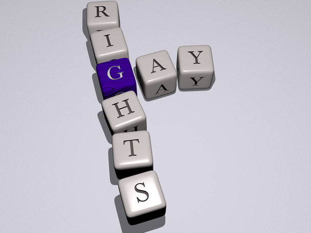 gay droits crossword par cubic dés lettres, illustration 3D pour la fierté et arc-en-ciel - Photo, image