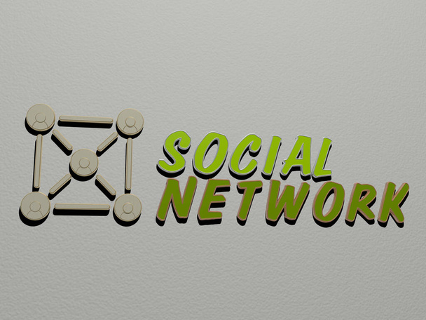 ícone de rede social e texto na parede, ilustração 3D para mídia e conceito - Foto, Imagem