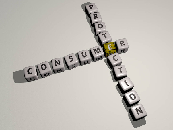 Kübik zar harfleriyle tüketici koruması bulmacası, iş ve müşteri için 3D illüstrasyon - Fotoğraf, Görsel