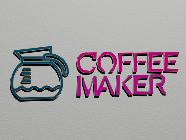 3D representation of coffee maker with icon on the wall and text arranged by metallic cubic letters on a mirror floor for concept meaning and slideshow presentation for background and cup - Photo, Image