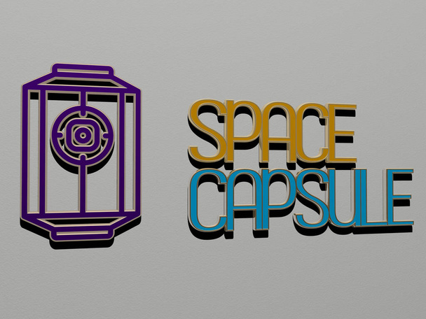 3D ilustrace grafiky SPACE CAPSULE a textu vytvořeného kovovými kostičkovými písmeny pro související významy konceptu a prezentace pro pozadí a kopii - Fotografie, Obrázek
