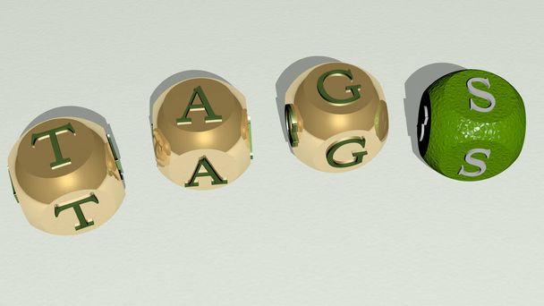 TAGS testo curvo di lettere cubiche di dadi, illustrazione 3D per sfondo e design - Foto, immagini