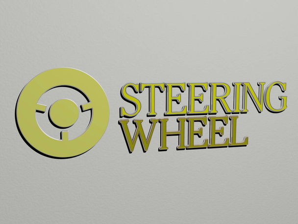 STEERING WHEEL εικονίδιο και κείμενο στον τοίχο, 3D εικόνα για το αυτοκίνητο και το φόντο - Φωτογραφία, εικόνα