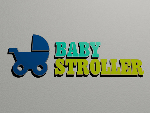 3D графическое изображение BABY STROLLER вертикально вместе с текстом, построенным из металлических кубических букв с верхней точки зрения, отлично подходит для презентации концепции и слайд-шоу для милых и детей - Фото, изображение