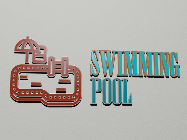Иконка и текст бассейна на стене, 3D иллюстрация для синего и водного - Фото, изображение