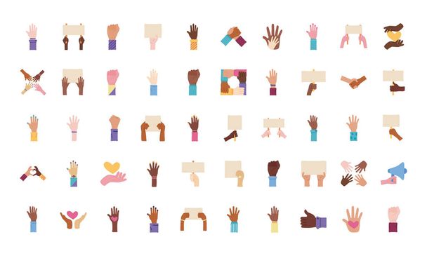 bundel van vijftig handen protest set pictogrammen - Vector, afbeelding