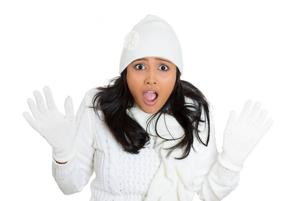 Closeup portrait of young, beautiful, shocked woman wearing winter gear, scarf, gloves, sweater, hat isolated on white background. Positive human emotions, facial expressions, feelings, attitude - Valokuva, kuva