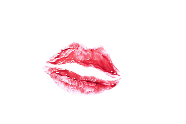 Red lipstick kiss on white background, top view - Photo, Image