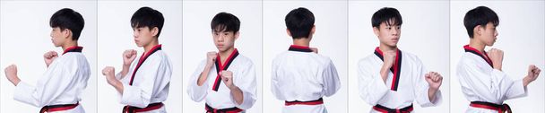 Master Black Belt TaeKwonDo Karate national athlete young teenager show traditional Fighting poses Poomse in sport dress, studio lighting white background isolated, 360 rear back side view - Photo, Image