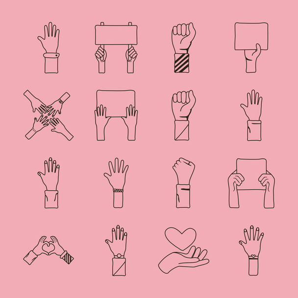 Bündel von sechzehn Händen Protest Set Ikonen - Vektor, Bild