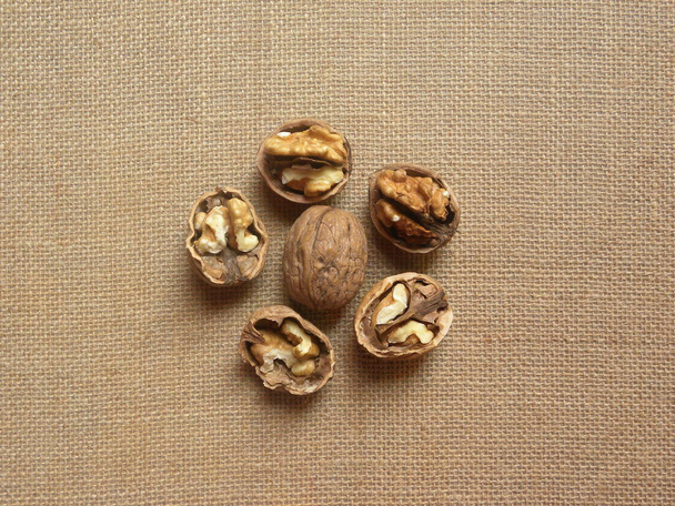 Gehele en gebroken bruine kleur rauw geheel gedroogde walnoten - Foto, afbeelding