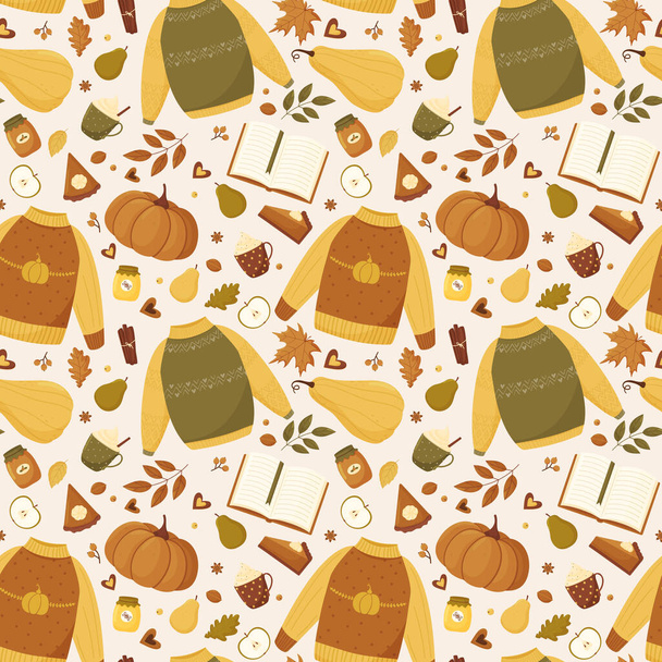 Seamless pattern for autumn holidays with warm sweaters, pumpkins, a cup with a hot drink, pumpkin pie, autumn leaves, a book and more on a light beige background. - Vettoriali, immagini