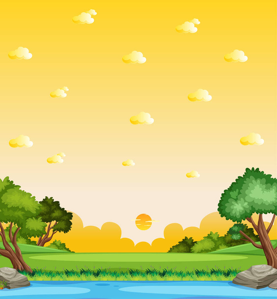 Scène verticale de la nature ou paysage campagne avec vue sur la rivière forêt et coucher de soleil jaune ciel illustration - Vecteur, image