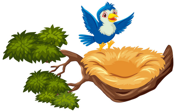 Feliz pájaro azul volando a nido vacío ilustración - Vector, Imagen