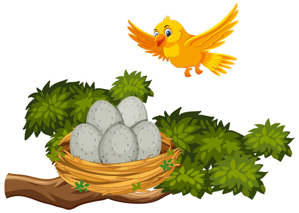 Желтая птица летит к иллюстрации гнезда - Вектор,изображение
