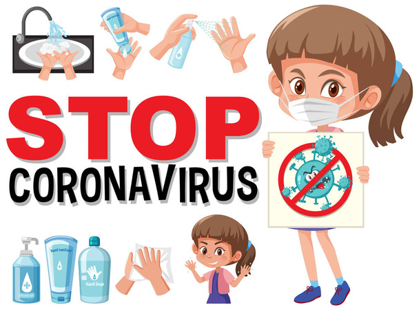 Остановить коронавирус с девушкой, держащей стоп коронавируса иллюстрации - Вектор,изображение