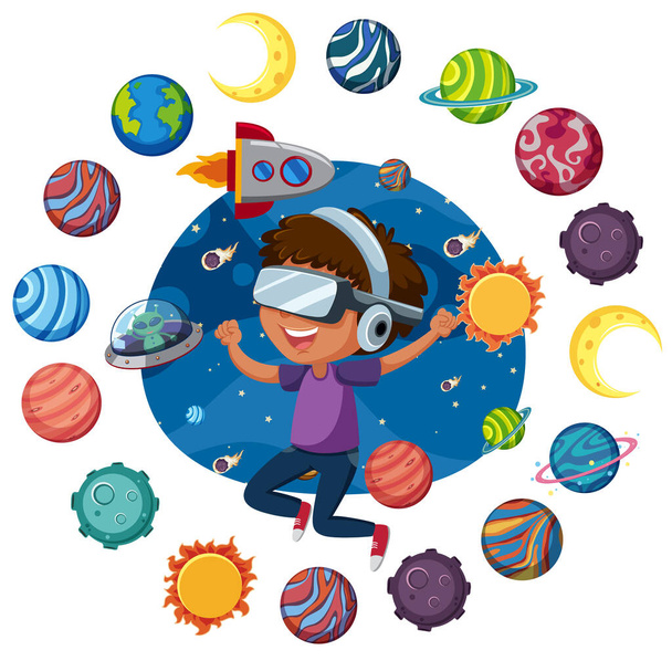 Space logo with kids wearing virtual reality headset and many planets in circle shape  illustration - Vector, Image