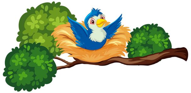 Yuva çiziminde mutlu mavi kuş - Vektör, Görsel