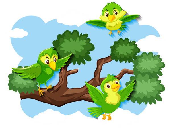 Glückliche Vögel fliegen in der Natur Illustration - Vektor, Bild