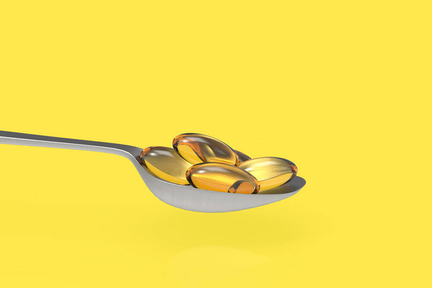 3D рендеринг. Витамин Омега-3 капсулы рыбного жира на металлической ложке изолированы на желтом фоне. - Фото, изображение