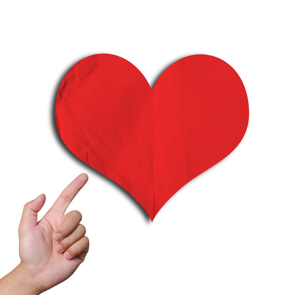 Finger pointing big red heart isolated white background - Fotoğraf, Görsel