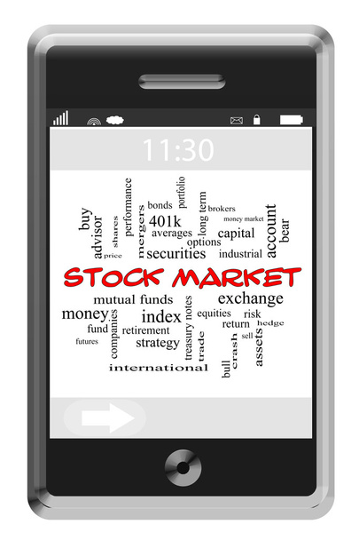 Concepto de nube de Word del mercado de valores en el teléfono de pantalla táctil
 - Foto, Imagen